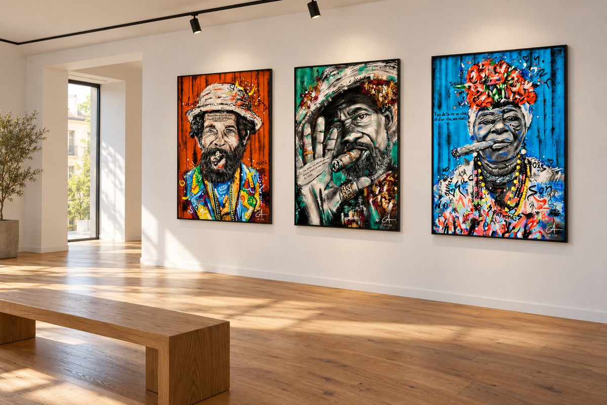 Cubano Rouge, Havana Verde y Cuba Azul en una galería blanca — propuesta de montaje