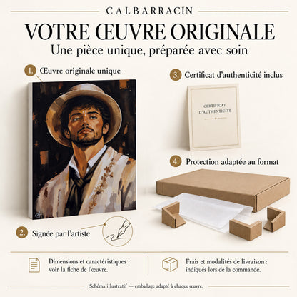 Présentation de l’œuvre originale Le Gardian : signature, certificat d’authenticité et emballage adapté, schéma illustratif.