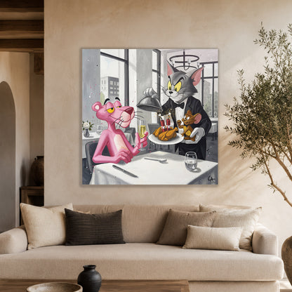 Cauchemar au restaurant — peinture originale de Calbarracin, 100 × 100 cm — présentation B