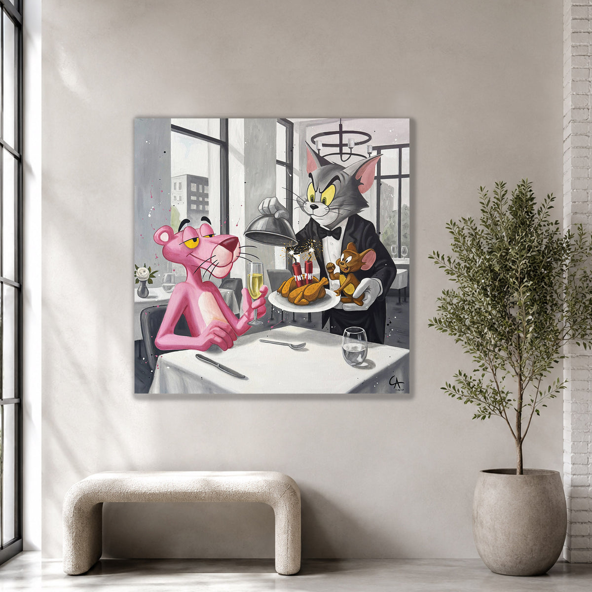 Cauchemar au restaurant — peinture originale de Calbarracin, 100 × 100 cm — présentation C
