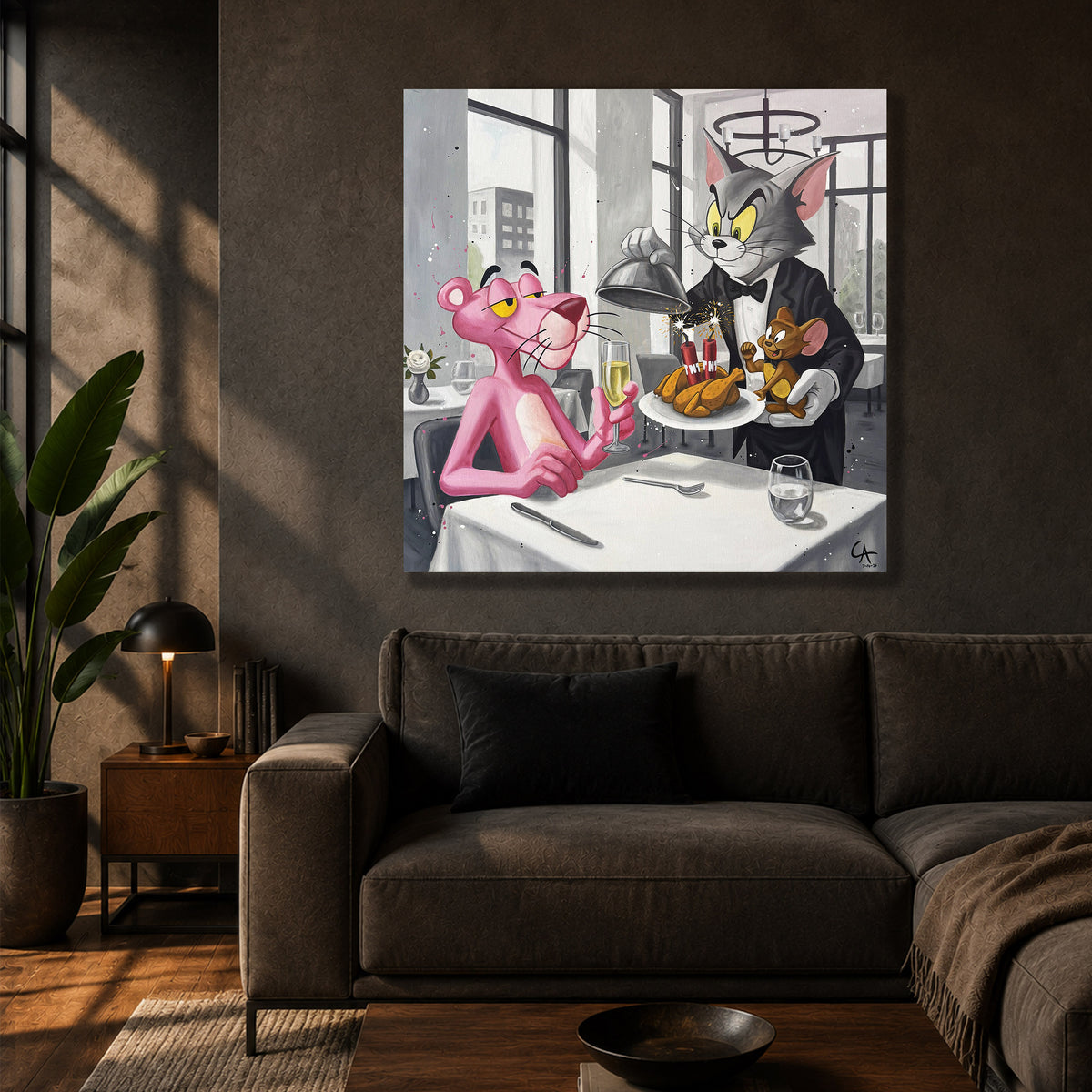 Cauchemar au restaurant — peinture originale de Calbarracin, 100 × 100 cm — présentation D